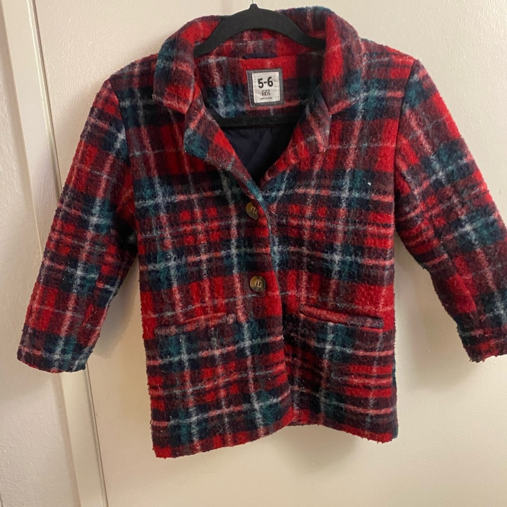 Cotton On Red and Green Pea Coat with Classic Plaid Design